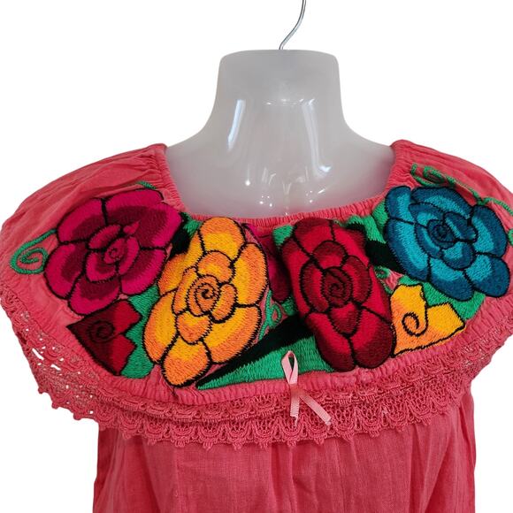 Handmade Embroidered Floral Boho Oxaca Top Pink Red Off The Shoulder Size XS - Picture 3 of 4
